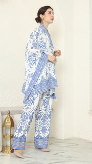 White Blue V-neck Songket Pants Set