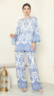 White Blue R-neck Songket Pants Set