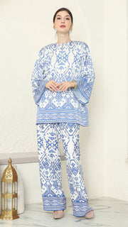 White Blue R-neck Songket Pants Set