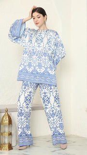 White Blue R-neck Songket Pants Set