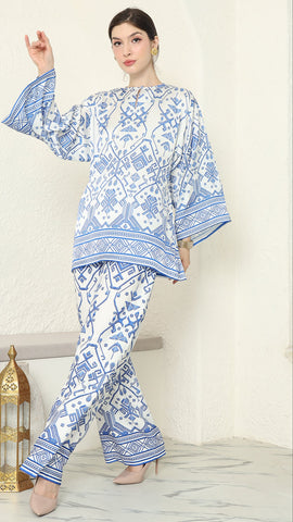 White Blue R-neck Songket Pants Set