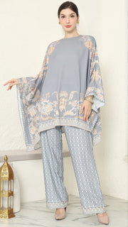 Grey Flower R-neck Pants Set