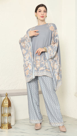 Grey Flower R-neck Pants Set