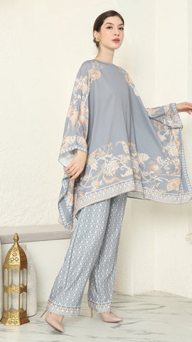 Grey Flower R-neck Pants Set