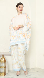 White Blue Flower R-neck Pants Set