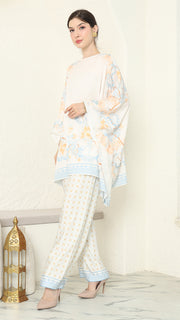 White Blue Flower R-neck Pants Set