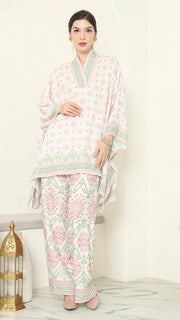 Baby pink V-neck songket pants set