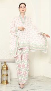 Baby pink V-neck songket pants set