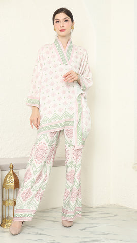 Baby pink V-neck songket pants set