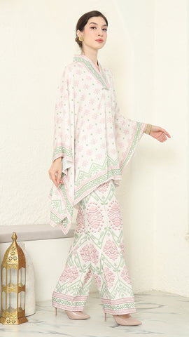 Baby pink V-neck songket pants set