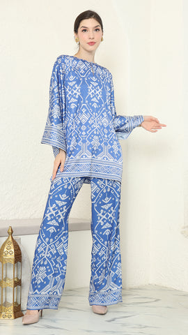 Blue R-neck Songket Pants Set