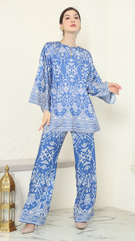 Blue R-neck Songket Pants Set