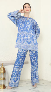 Blue R-neck Songket Pants Set