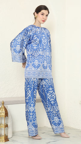 Blue R-neck Songket Pants Set