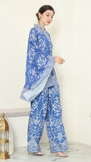 Blue V-neck Songket Pants Set