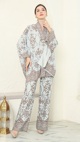 Mint Brown V-neck Songket Pants Set