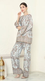 Mint Brown R-neck Songket Pants Set