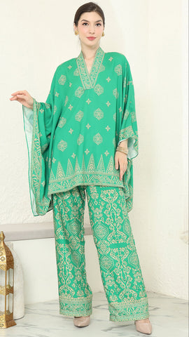 Green Gold V-neck Bali Pants Set