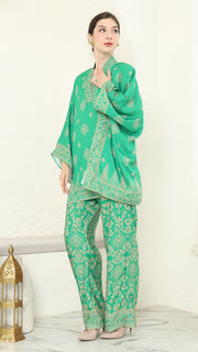 Green Gold V-neck Bali Pants Set