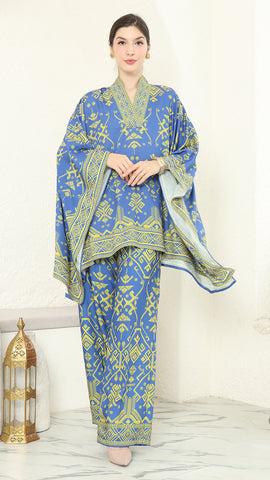 Blue Lime V-neck Songket Pants Set