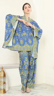 Blue Lime V-neck Songket Pants Set