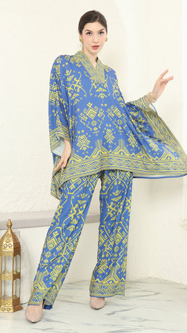 Blue Lime V-neck Songket Pants Set