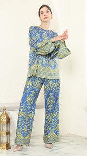 Blue Lime R-neck Songket Pants Set