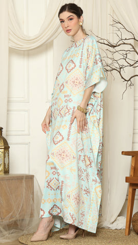 Aqua Ikat Gold Short Sleeve Kaftan