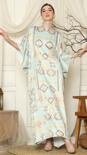 Aqua Ikat Gold Short Sleeve Kaftan