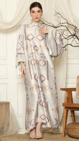 Light Grey Ikat Gold Long Sleeve Dress