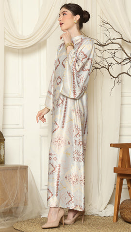 Light Grey Ikat Gold Long Sleeve Dress