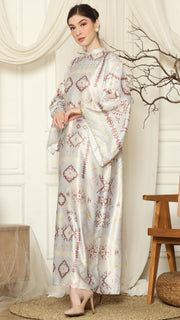 Light Grey Ikat Gold Long Sleeve Dress