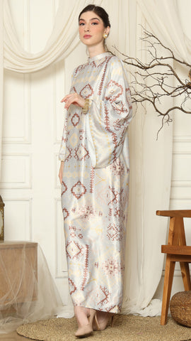 Light Grey Ikat Gold Long Sleeve Dress