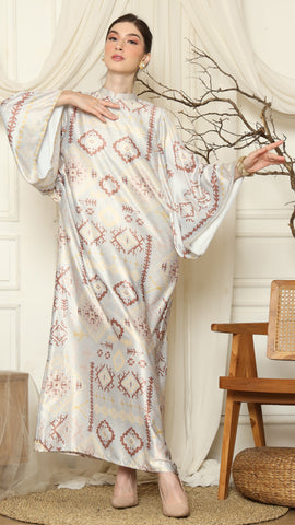 Light Grey Ikat Gold Long Sleeve Dress