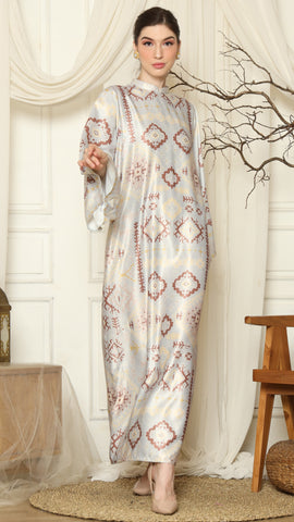 Light Grey Ikat Gold Long Sleeve Dress