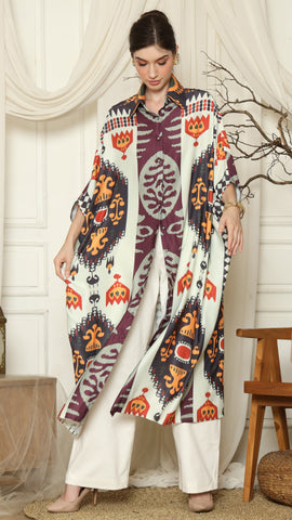 Brown Ikat Button Kaftan