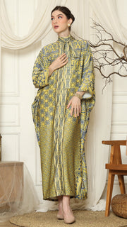 Green Grey Flower High Collar Long Kaftan