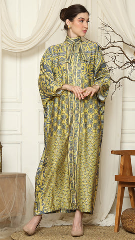 Green Grey Flower High Collar Long Kaftan