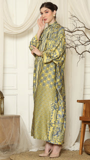 Green Grey Flower High Collar Long Kaftan