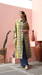 Yellow Abstract Button Kaftan