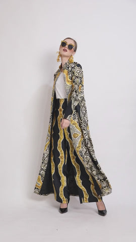 Yellow Black Kanzi Batik Long Outer Set with Pants