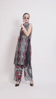 Black and Red Kanzi Batik Vest Set with Pants