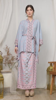 Blue Pink Songket Kebaya Belt Sarong Set Grey