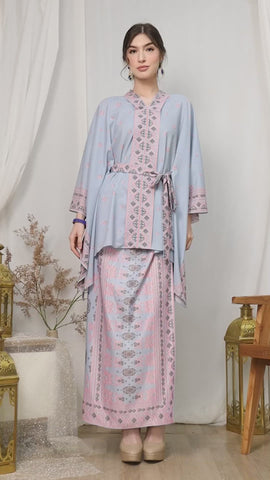 Blue Pink Songket Kebaya Belt Sarong Set Grey