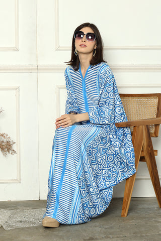 Blue Kanzi Long Sleeve Tribal Kaftan.