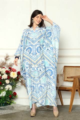 Blue Kanzi Long Sleeve Geometric Kaftan.