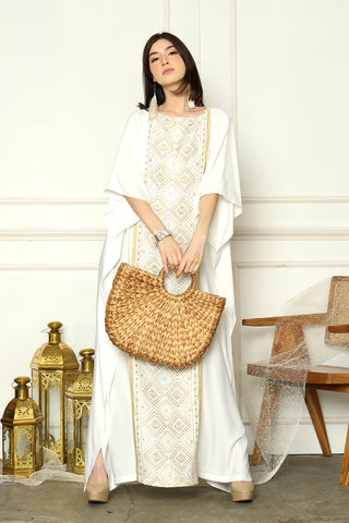 White Short Sleeve Plain Songket Kaftan