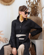 Black High Collar Linen Top with Obin Belt.