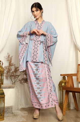 Blue Pink Songket Kebaya Belt Sarong Set Grey