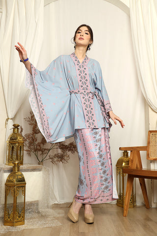 Blue Pink Songket Kebaya Belt Sarong Set Grey